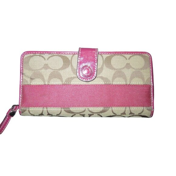 Coach Signature Logo Pink Stripe Zip Around Long Wallet with Snap Closure - Picture 1 of 10